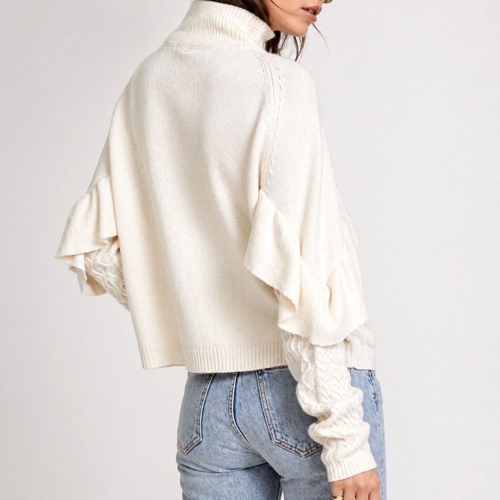 Project Naadam Volta Ivory Ruffle Cable Knit Funnel Neck Sweater SZ Large Boho - Picture 4 of 10